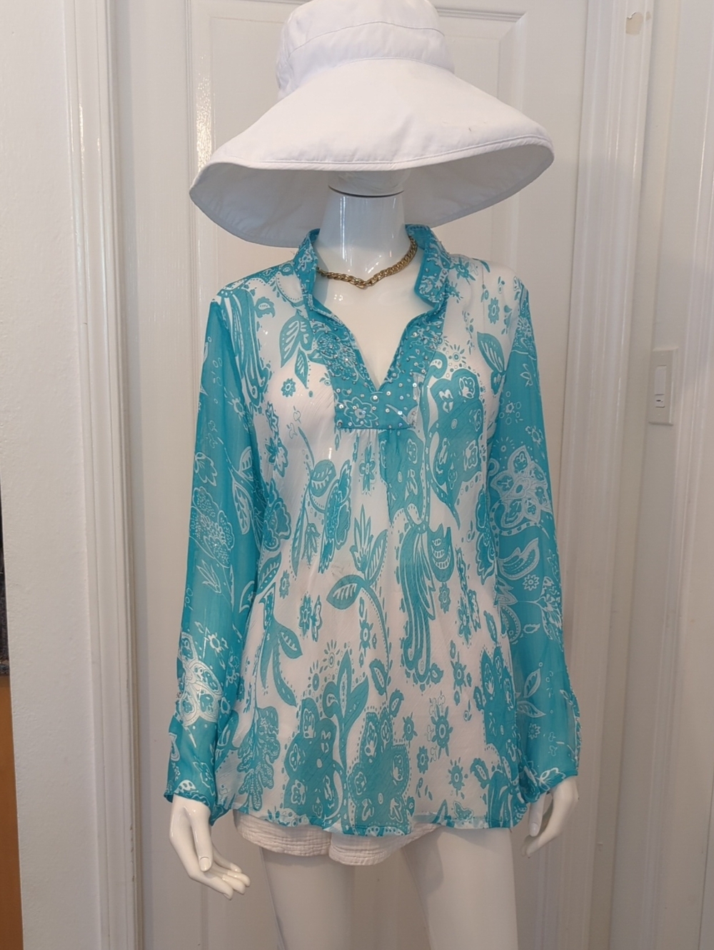 Vintage Uniform Paul Richard Sheer  Turquoise Floral Tunic Dress L